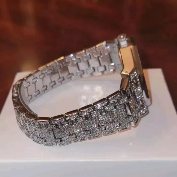 Men's Iced Simulated Diamond CZ Silverplated Alloy Arabic Numeral Quartz Watch - Picture 6 of 16